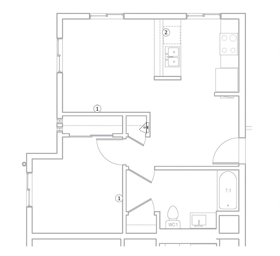 Floor plan for 1 bed, 1 bath